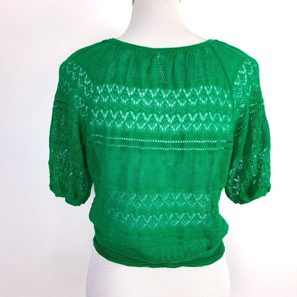 Free People Green Open Knit Short Sleeve Crop Top V-Neck Sz L - Picture 8 of 16